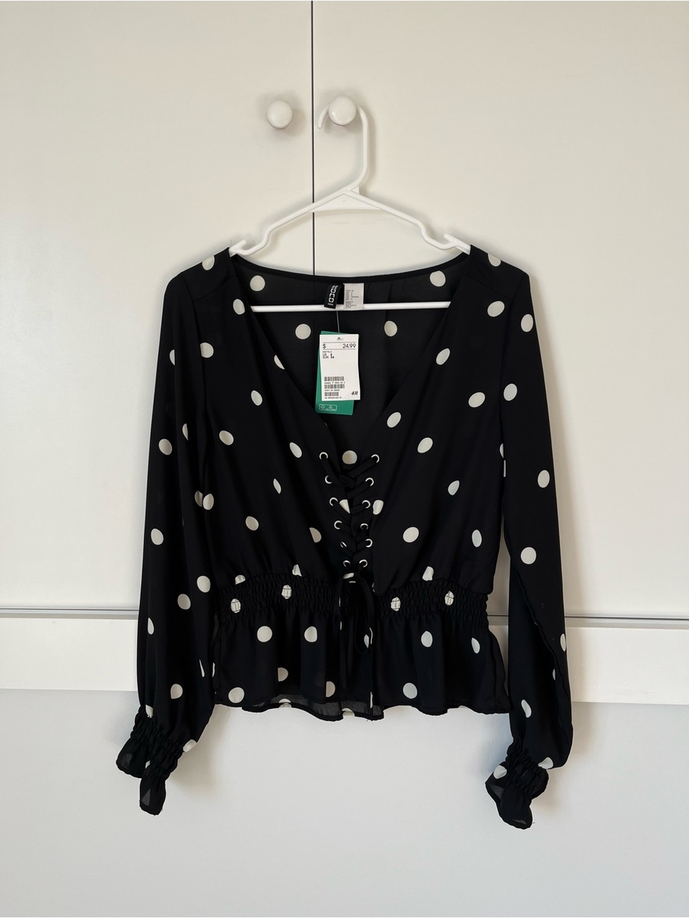 H&M Black Polka Dot Lace-Up Peplum Blouse